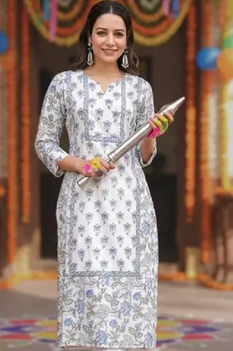 Floral printed notch neck pure cotton straight kurta