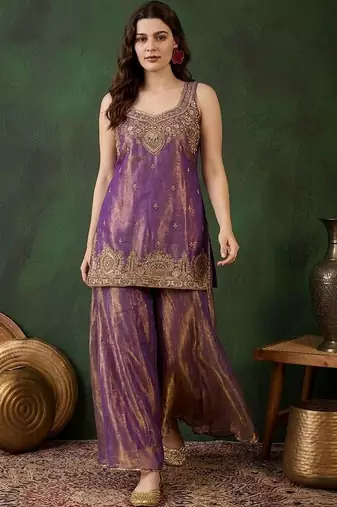 Purple color smart and girlie satin fabric fancy festive attire for girls