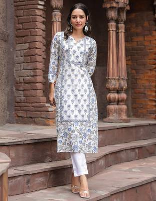 Floral printed notch neck pure cotton straight kurta 3