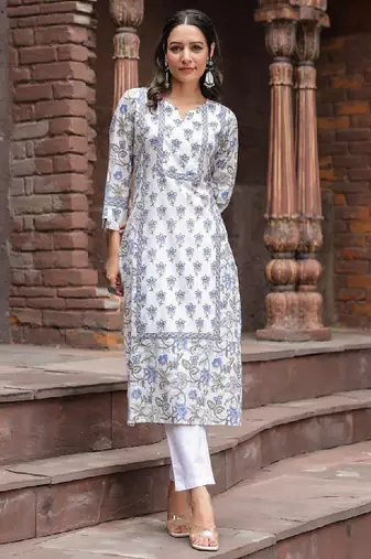 Floral printed notch neck pure cotton straight kurta