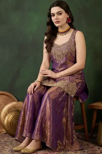 Purple color smart and girlie satin fabric fancy festive attire for girls