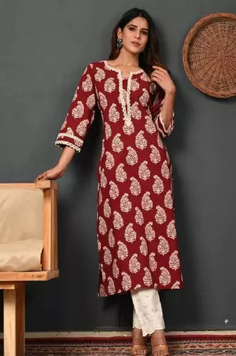 Floral printed notch-neck straight kurta