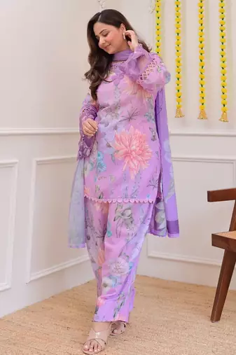Lavender color smart and girlie georgette fabric fancy festive attire for girls