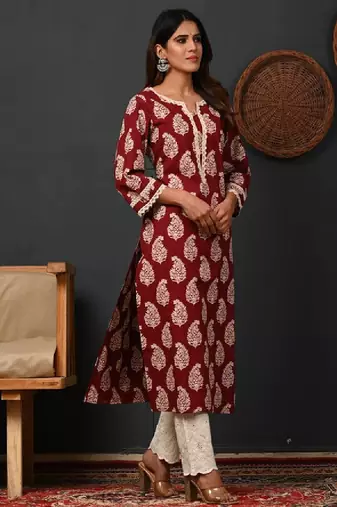 Floral printed notch-neck straight kurta