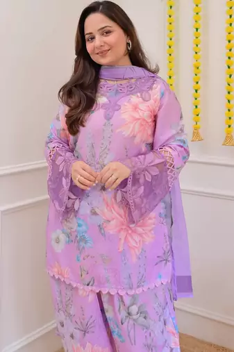 Lavender color smart and girlie georgette fabric fancy festive attire for girls