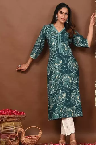Floral printed v-neck straight kurta