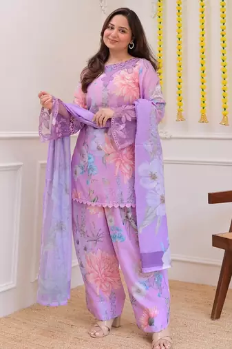 Lavender color smart and girlie georgette fabric fancy festive attire for girls