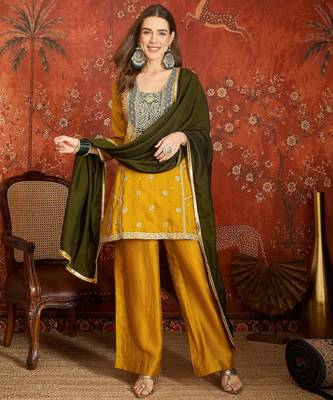 Mustard color ethnic vichitra silk fabric heavy embroidered partywear suit 1