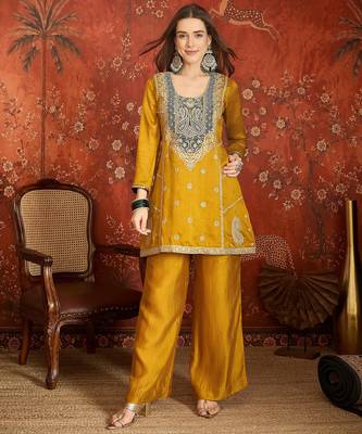 Mustard color ethnic vichitra silk fabric heavy embroidered partywear suit 4