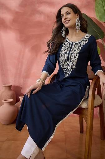 Embroidered straight chickenkari kurta