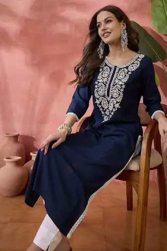 Embroidered straight chickenkari kurta