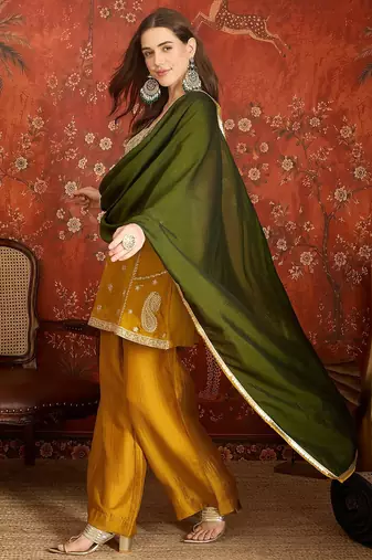 Mustard color ethnic vichitra silk fabric heavy embroidered partywear suit