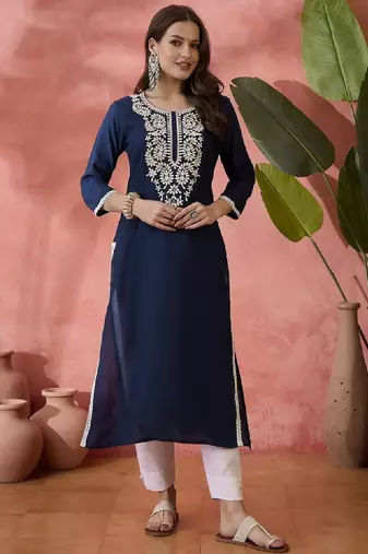 Embroidered straight chickenkari kurta