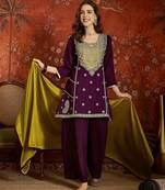 Purple color ethnic vichitra silk fabric heavy embroidered partywear suit