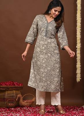 Floral printed v-neck pure cotton straight kurtas 2