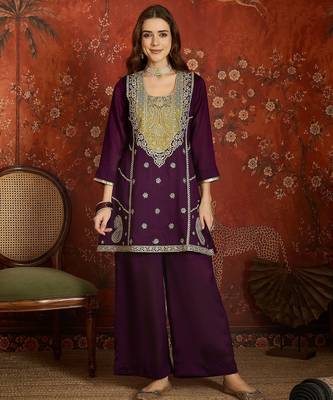 Purple color ethnic vichitra silk fabric heavy embroidered partywear suit 4
