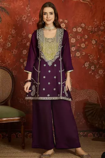 Purple color ethnic vichitra silk fabric heavy embroidered partywear suit