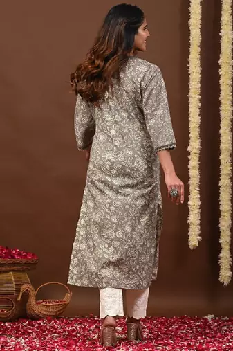 Floral printed v-neck pure cotton straight kurtas