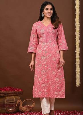 Floral printed v-neck pure cotton straight kurtas 2