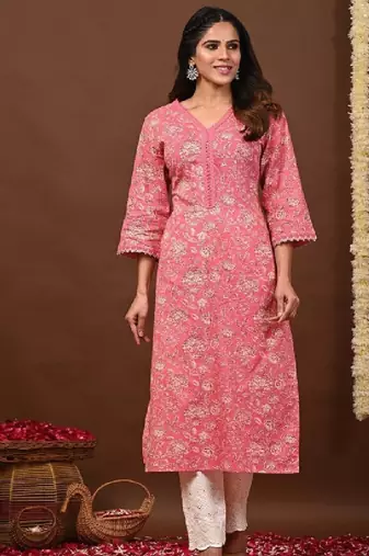 Floral printed v-neck pure cotton straight kurtas