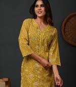 Floral printed v-neck pure cotton straight kurtas