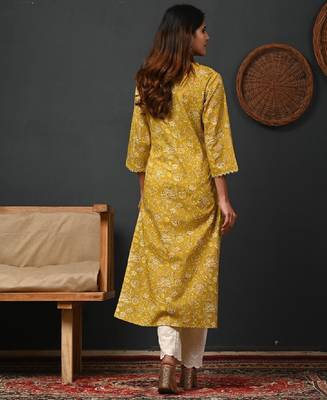 Floral printed v-neck pure cotton straight kurtas 3