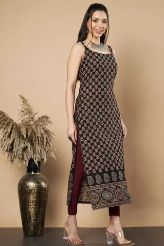 Womens black floral printed straight cotton square neck sleeveless kurta