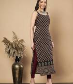 Womens black floral printed straight cotton square neck sleeveless kurta