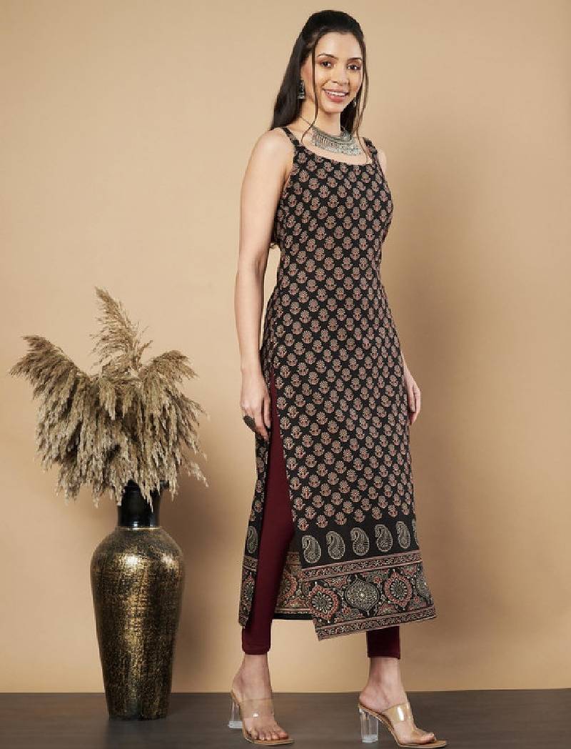 Womens black floral printed straight cotton square neck sleeveless kurta