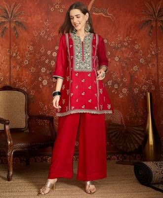 Red color ethnic vichitra silk fabric heavy embroidered partywear suit 4