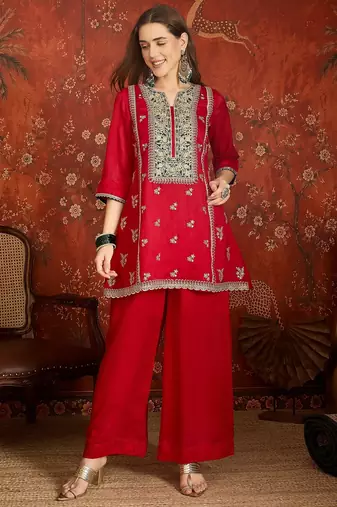 Red color ethnic vichitra silk fabric heavy embroidered partywear suit
