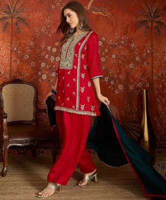 Red color ethnic vichitra silk fabric heavy embroidered partywear suit 5