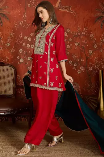 Red color ethnic vichitra silk fabric heavy embroidered partywear suit