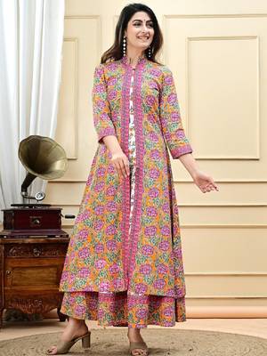 Women floral printed pure cotton panelled anarkali kurti 1