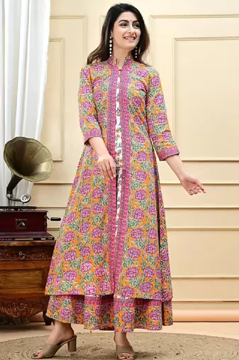 Women floral printed pure cotton panelled anarkali kurti