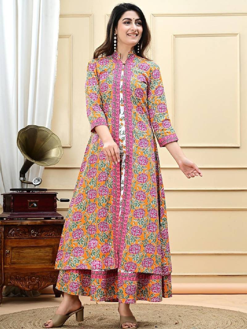 Women floral printed pure cotton panelled anarkali kurti