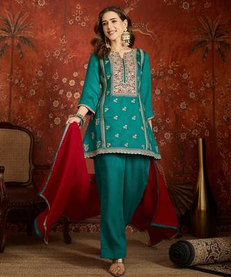 Blue color ethnic vichitra silk fabric heavy embroidered partywear suit 1