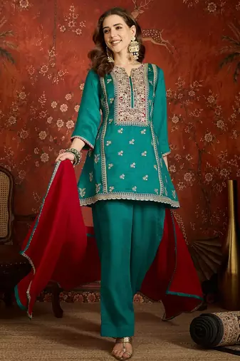 Blue color ethnic vichitra silk fabric heavy embroidered partywear suit