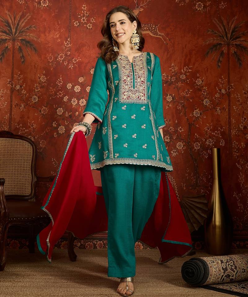 Blue color ethnic vichitra silk fabric heavy embroidered partywear suit