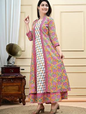 Women floral printed pure cotton panelled anarkali kurti 3