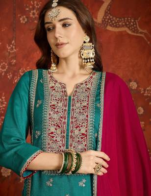 Blue color ethnic vichitra silk fabric heavy embroidered partywear suit 3