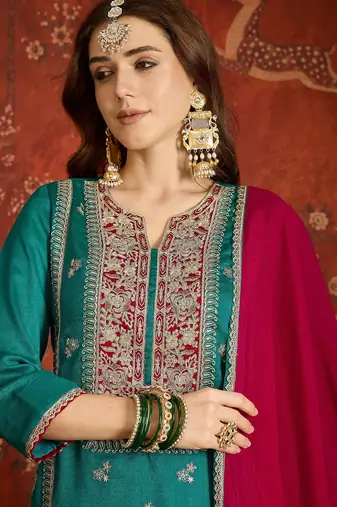 Blue color ethnic vichitra silk fabric heavy embroidered partywear suit