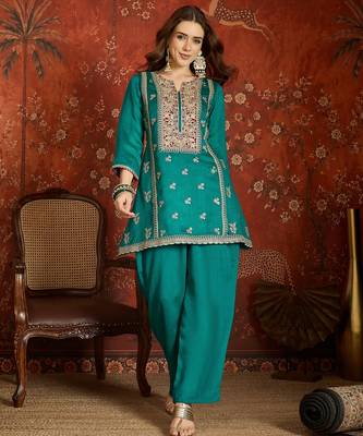 Blue color ethnic vichitra silk fabric heavy embroidered partywear suit 4