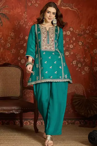 Blue color ethnic vichitra silk fabric heavy embroidered partywear suit