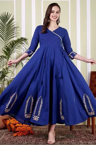 Floral printed angrakha v-neck cotton anarkali kurta