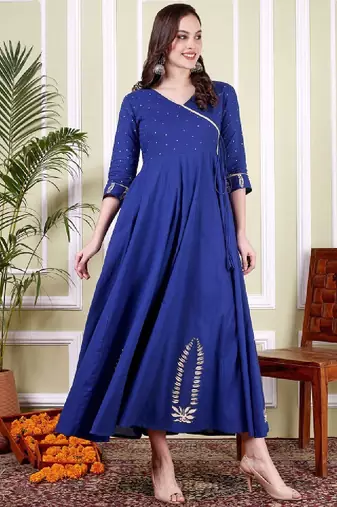 Floral printed angrakha v-neck cotton anarkali kurta