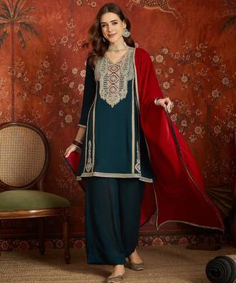 Teal color ethnic vichitra silk fabric heavy embroidered partywear suit 1