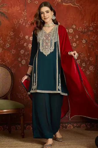 Teal color ethnic vichitra silk fabric heavy embroidered partywear suit