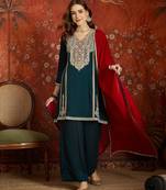 Teal color ethnic vichitra silk fabric heavy embroidered partywear suit