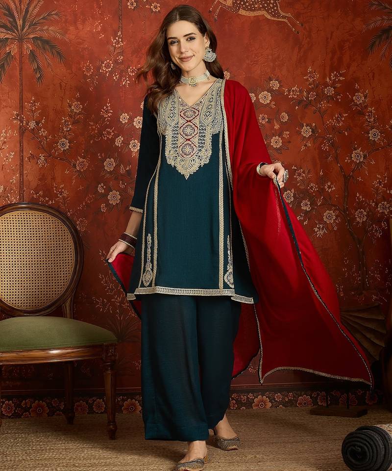 Teal color ethnic vichitra silk fabric heavy embroidered partywear suit